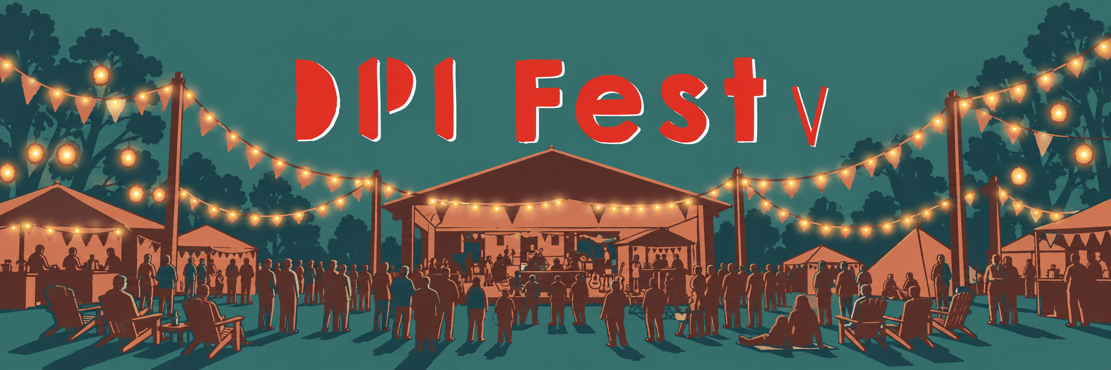 DPI Fest V in de rode letters van het boekje, boven de festivaltent met lichtslingers
